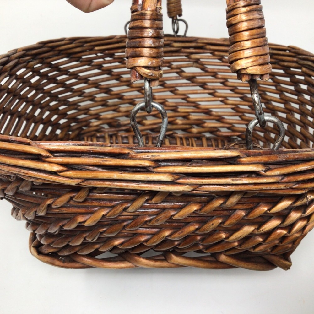 2 Handled Wicker Woven Basket BOHO Brown Square Base 12"
