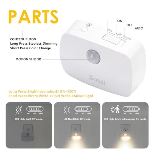 Motion Sensor Night Light Plug in 4 Pack,10-60Lm Stepless Dimming,3 Light