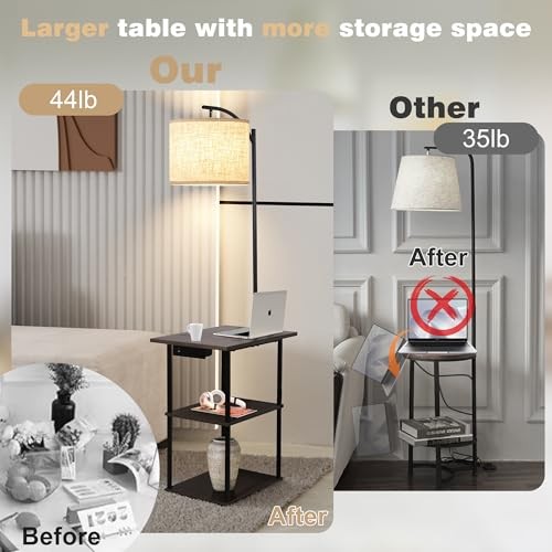 Floor Lamp with Table, End Tables with Charging Station(USB & Rustic Brown