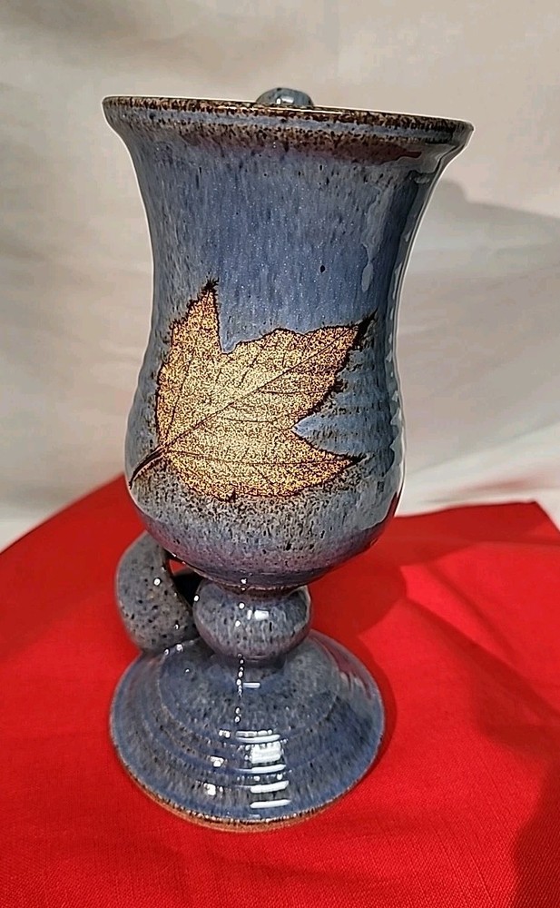 Art Pottery Mug Blue Drip Glaze with Leaf Decor Unique Handle