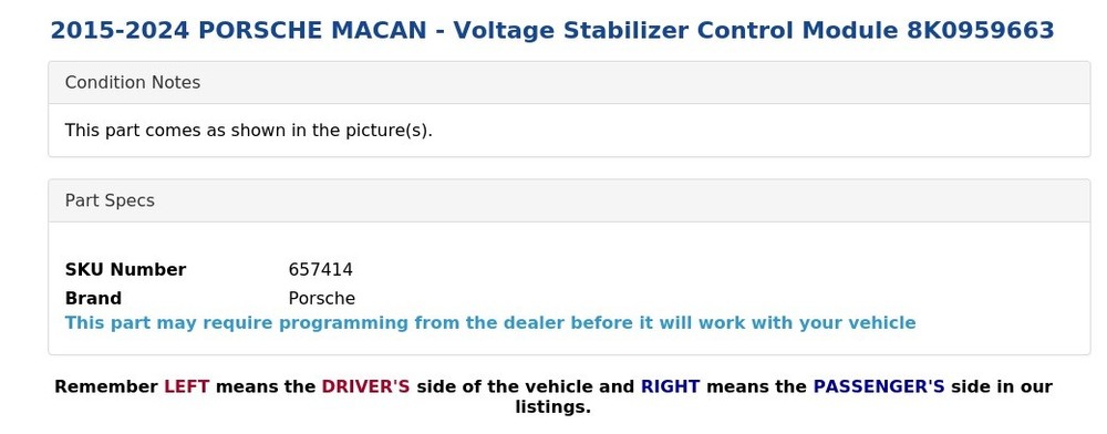 2015-2024 PORSCHE MACAN - Voltage Stabilizer Control Module 8K0959663