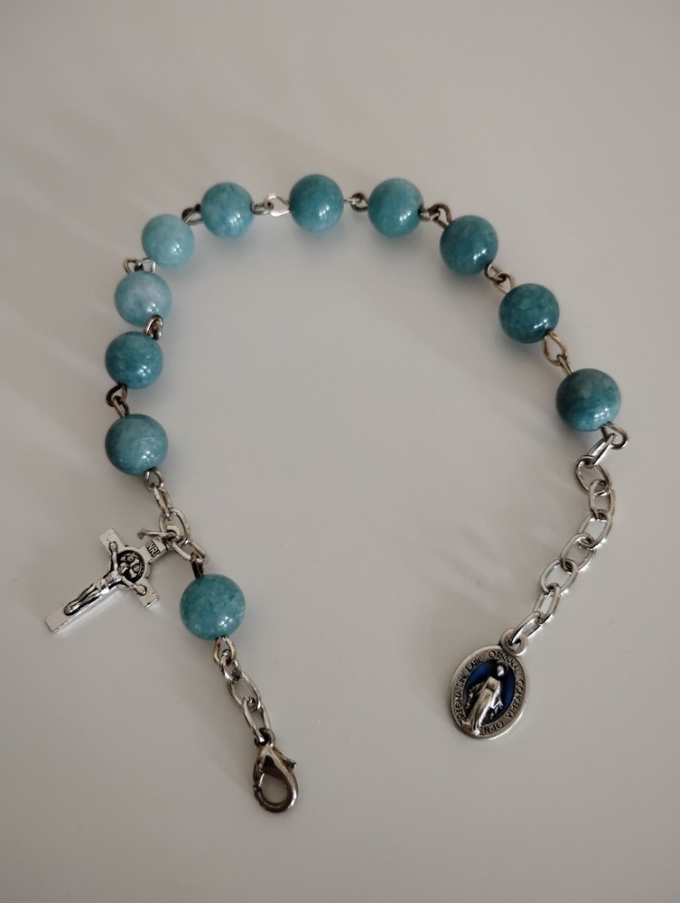 Blue Chalcedony Gemstone Rosary Bracelet 8mm beads Silver Miraculous Medal