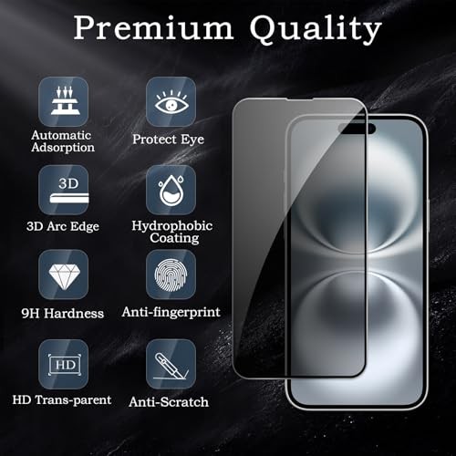 Privacy Screen Protector for iPhone 16, Shatterproof Tempered Glass