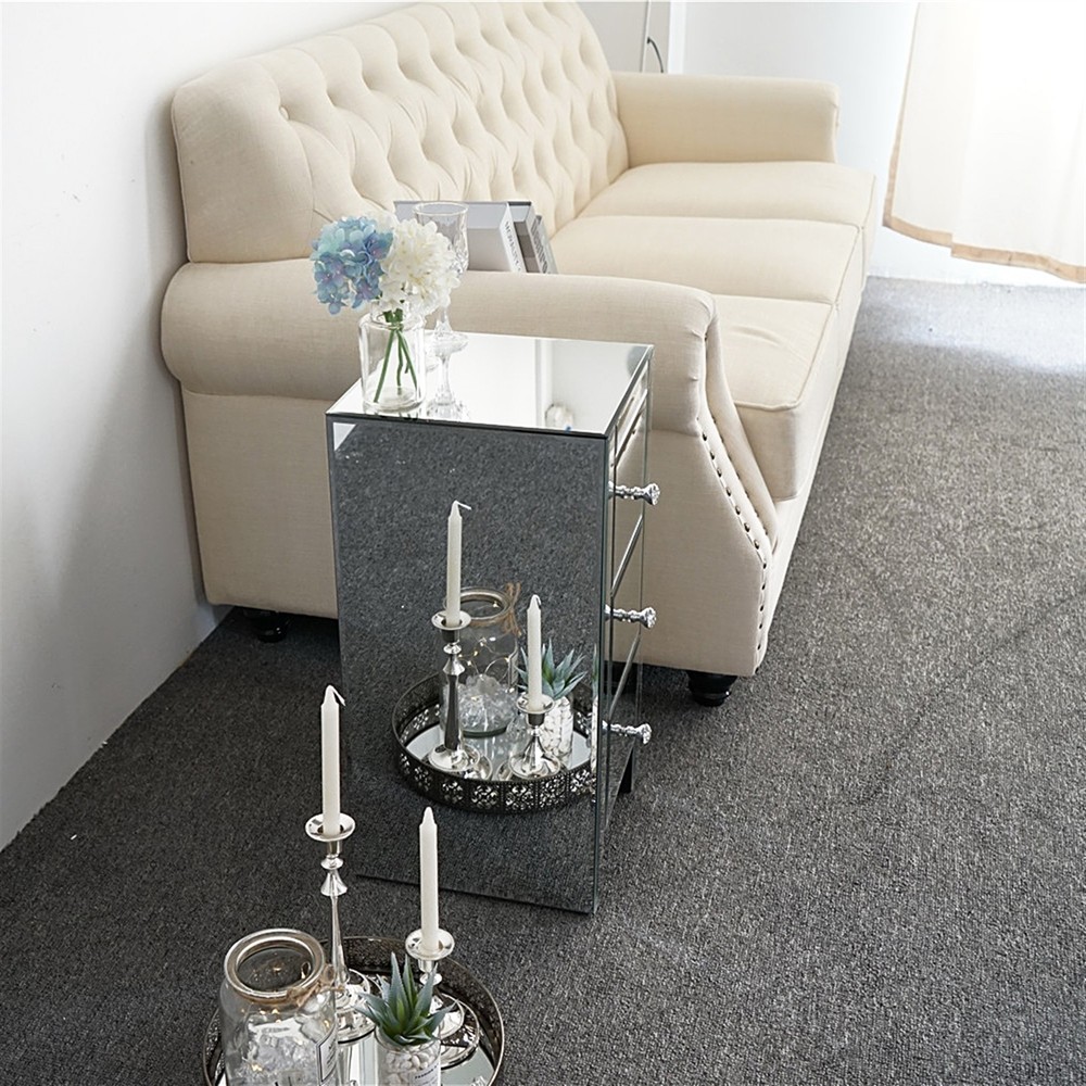 3-Drawer Mirrored Glass Bedside Table - Size S Bedroom Storage