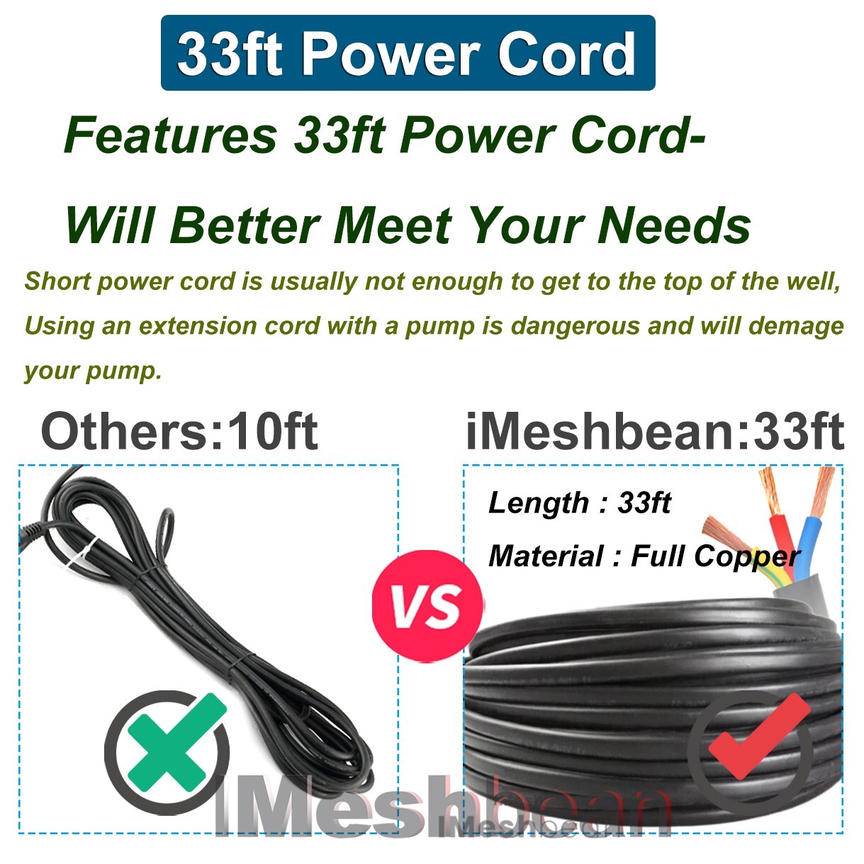 4'' Deep Well Submersible Pump , 1HP 220V 207ft Hmax 33GPM 33ft Cord 1.25'' NPT