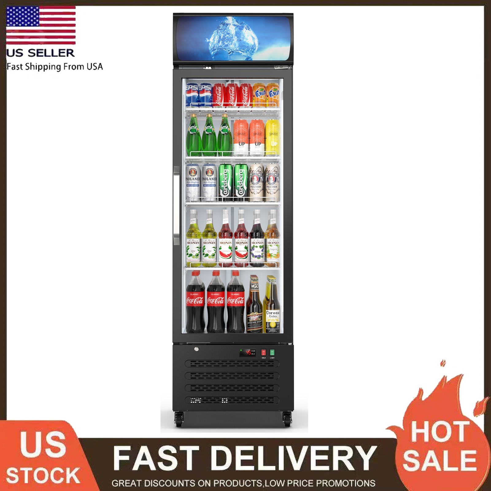Commercial Merchandiser Refrigerator 14.8 CU.FT Glass Door Upright Beverage Frid