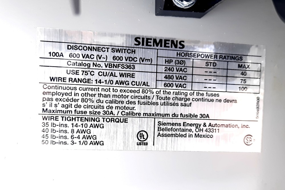 Siemens VBNFS363 Panel Mount Disconnect Switch 600VAC, 600VDC, 100A, 3 Phase