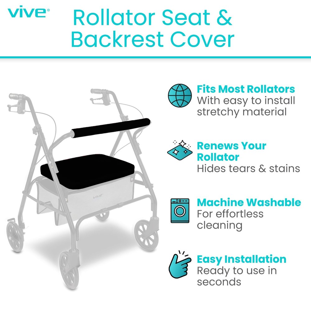 Vive Rollator Walker Seat and Backrest Covers - Removable Washable Black