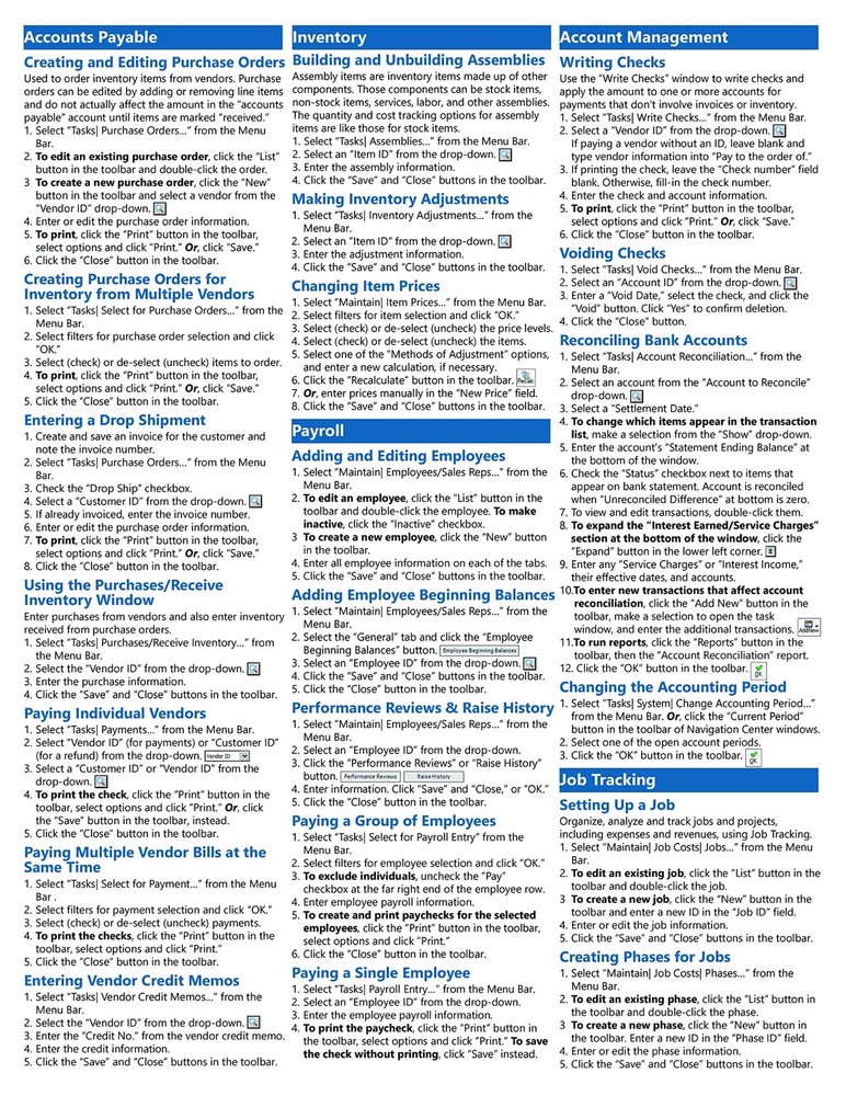 Sage 50 2018 Training Guide Quick Reference Card 4 Page Cheat Sheet Instructions