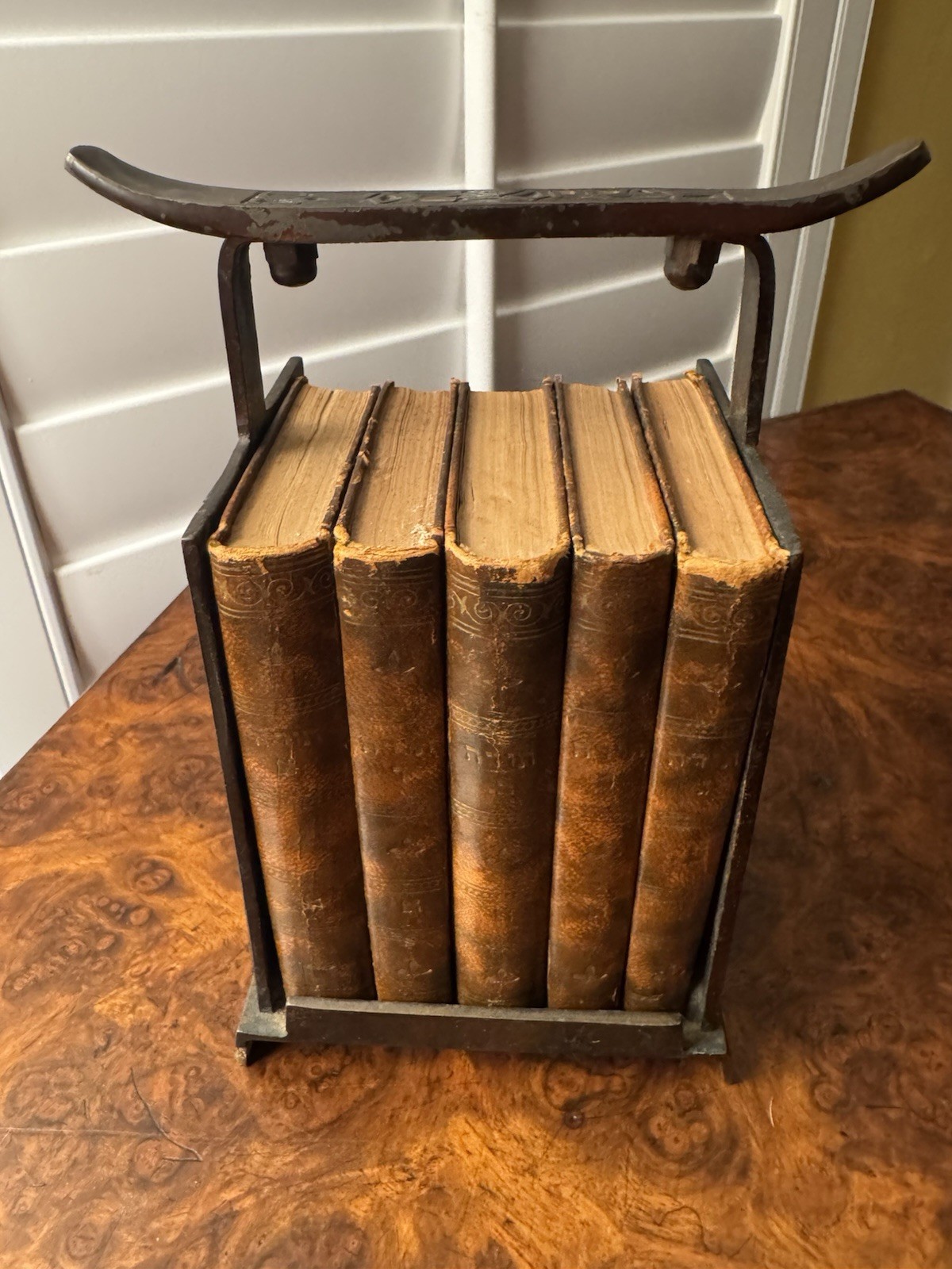 Vintage 5 Leather Bound Books of Moses (TorahSet) Hebrew with Metal Book Holder