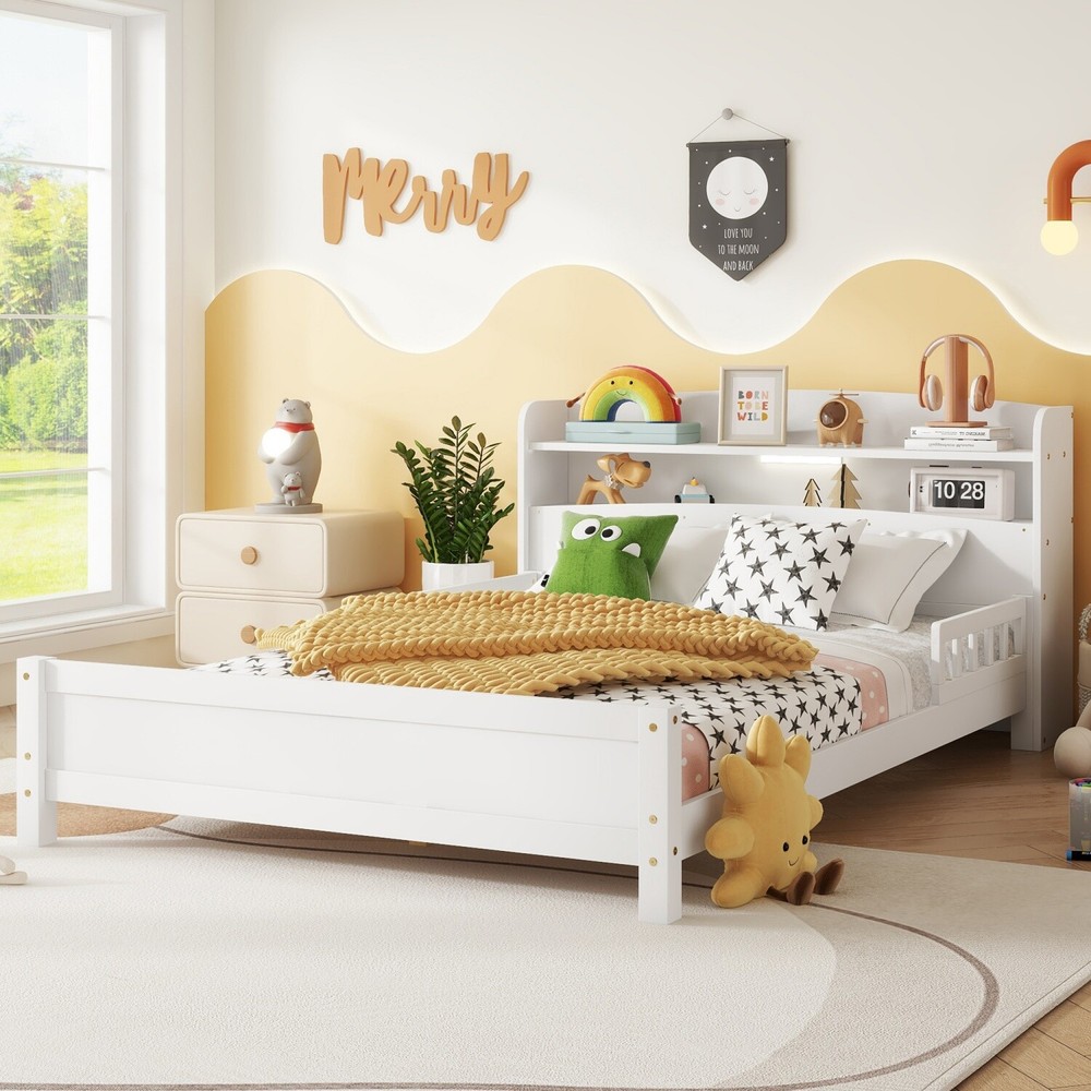 Full Size Bed Frame Wood Platform Bed Frame w/ Storage Headboard & LED Light