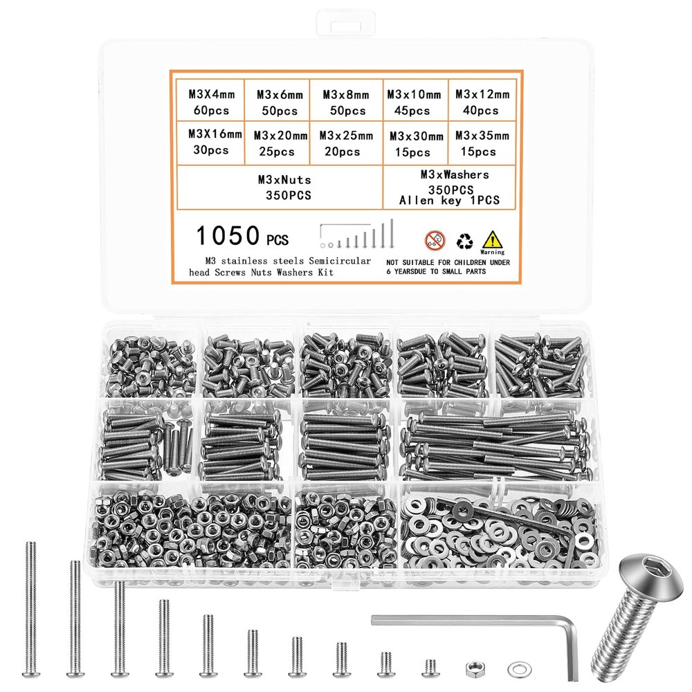 1050 Pcs M3 Screws Kit, Machine and Nuts Washers M3, Silver