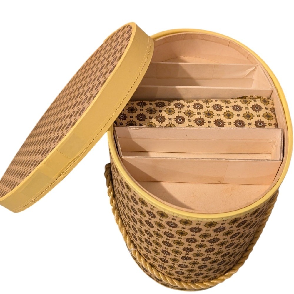 70s Vintage Patterned Brown and Yellow sewing Storage Box