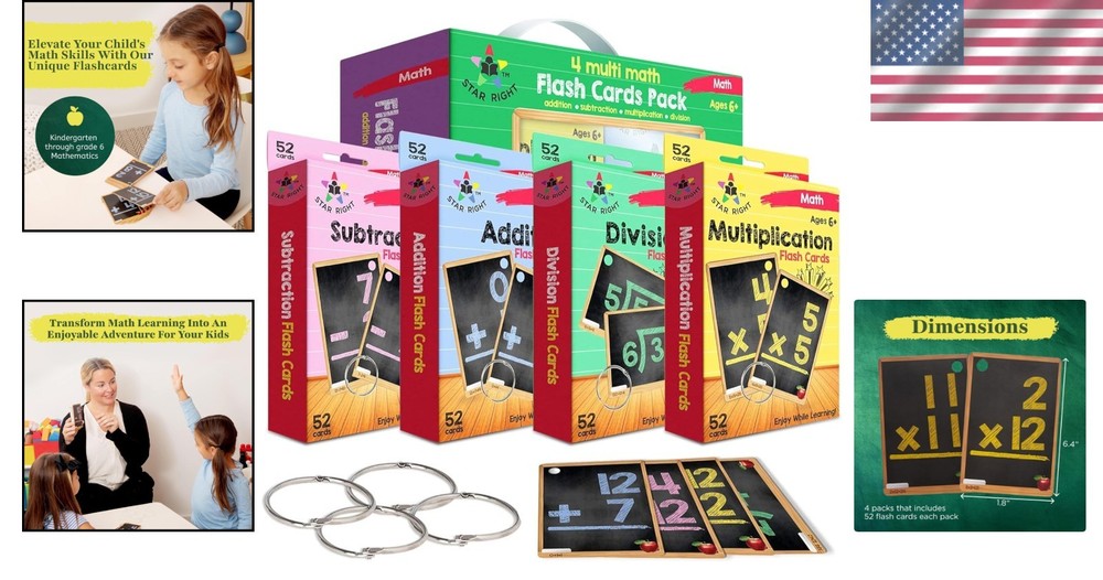 Interactive Math Flash Cards Set - 208 Cards for Addition, Subtraction, Division