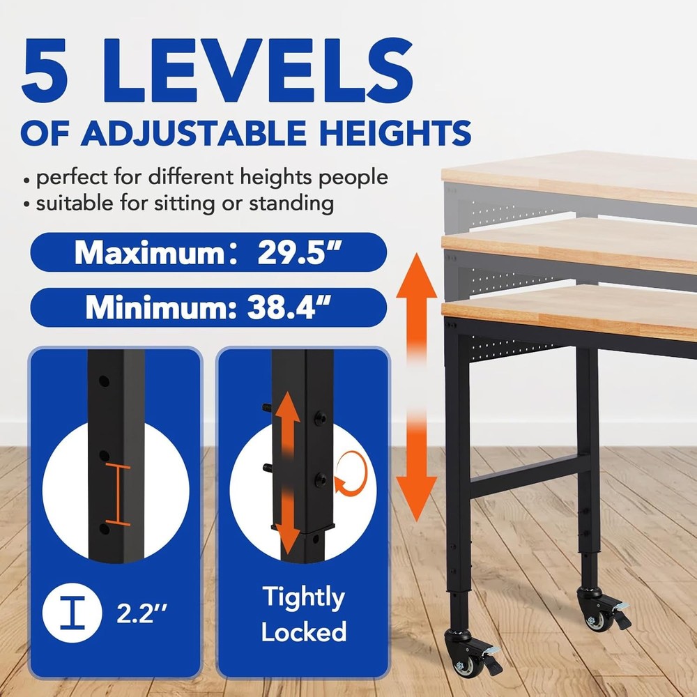 Adjustable Height Workbench 72"L x 25"W Work Bench Table w/ Power Outlets 2000 L
