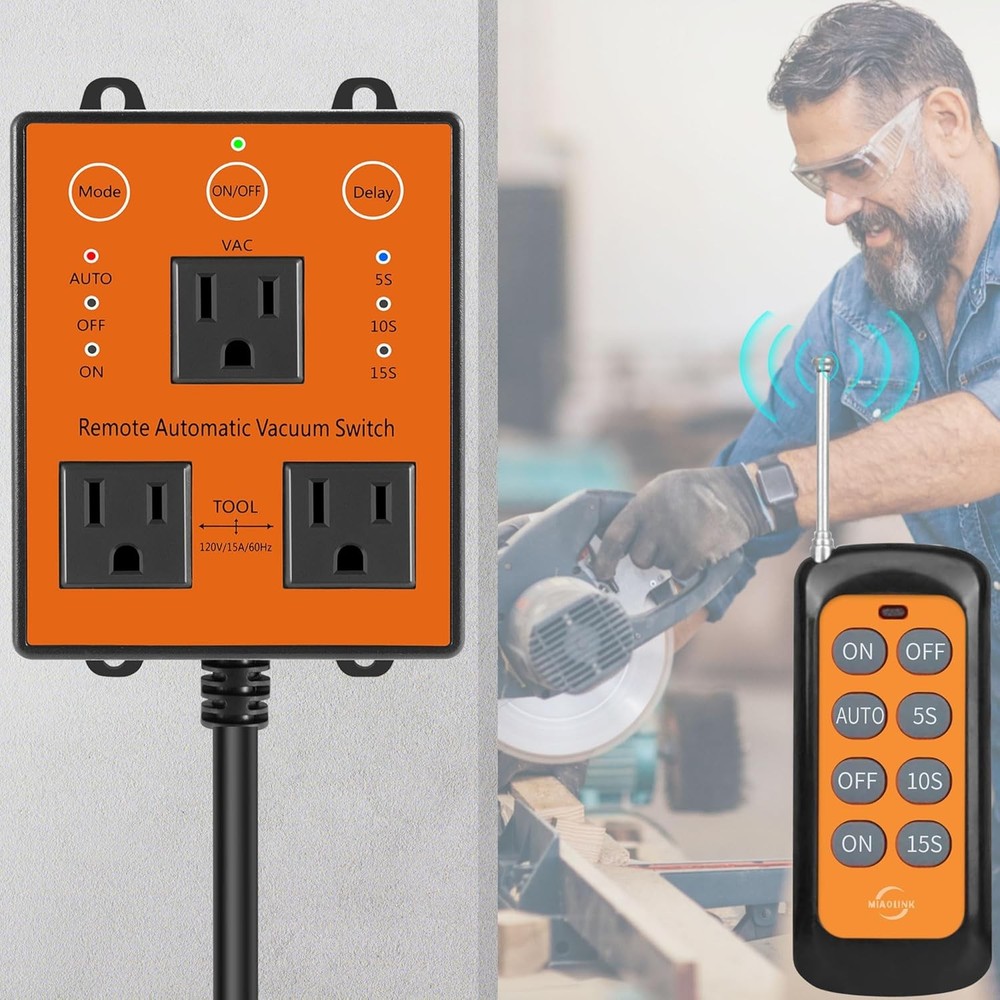 Remote Automatic Vacuum Switch, 120V/15A Power Tool Dust Control,