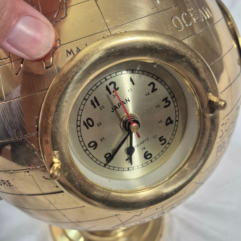 16" BRASS 5 WORLD CLOCKS SPINNING GLOBE