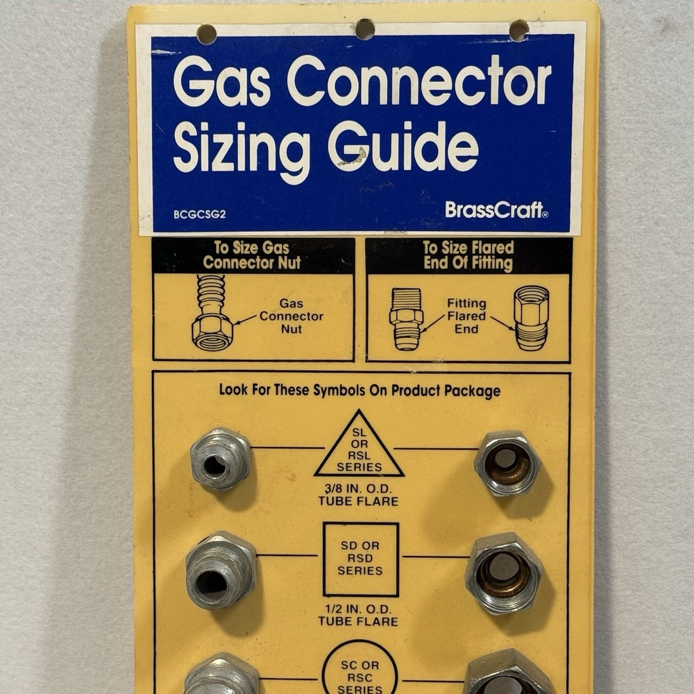 Brass Craft Gas Connector Sizing Guide Tool Board display Size Thread samples