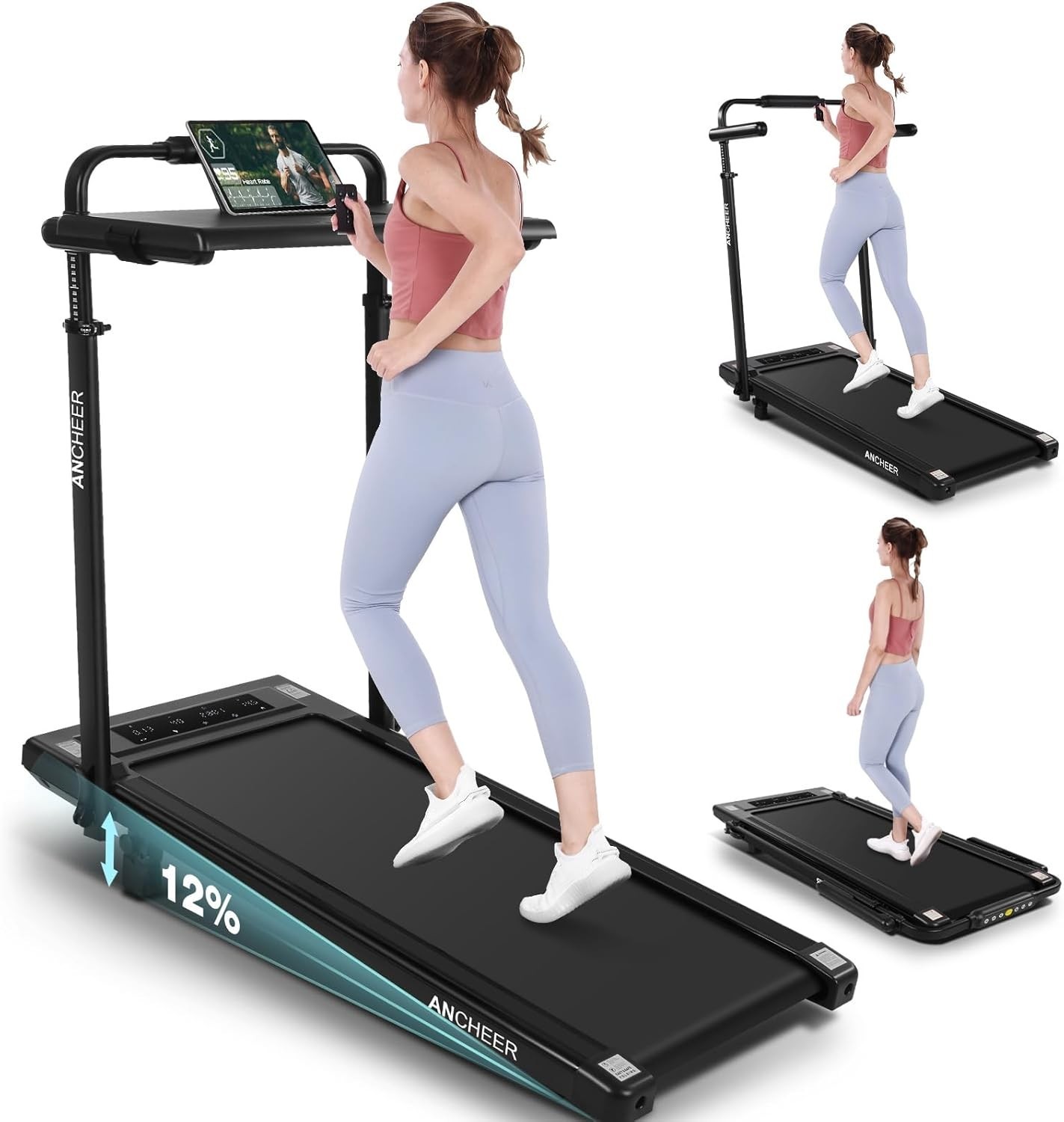 Foldable Treadmill with 12%Incline, 3.5HP Powerful Treadmill w/Adjustable Height