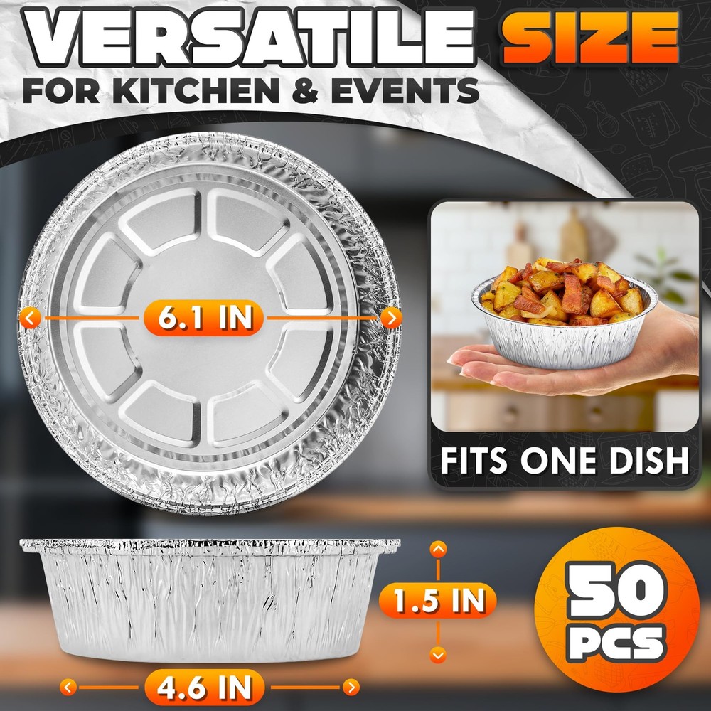 Round Foil Cake Pans – 50 Pack 6" Reusable Aluminum Baking Pans | Stackable, ...