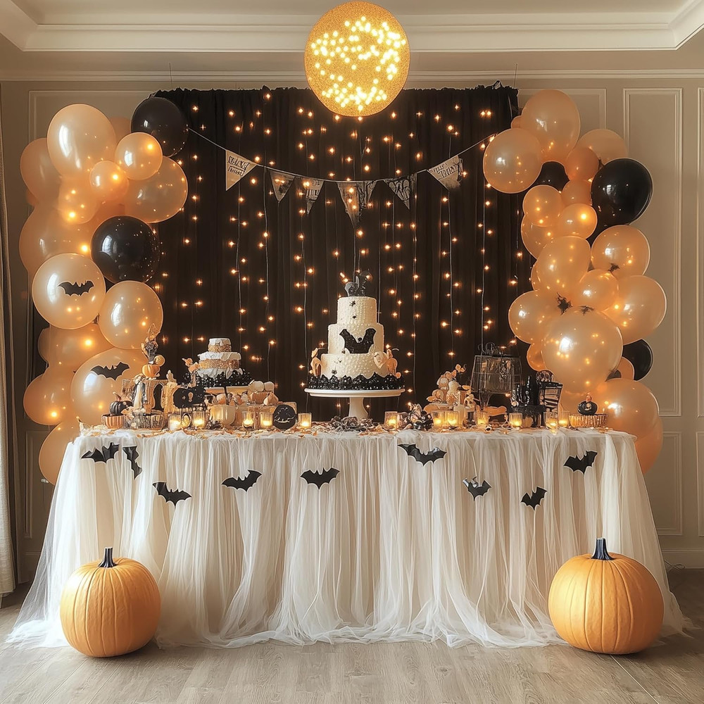 Tulle Backdrop Curtain with Lights String 10FT X 8FT Black Sheer Tulle Backdrop