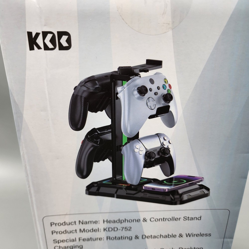 Black Headphone & Controller Stand with Wireless Charging Station Rotatable NEW