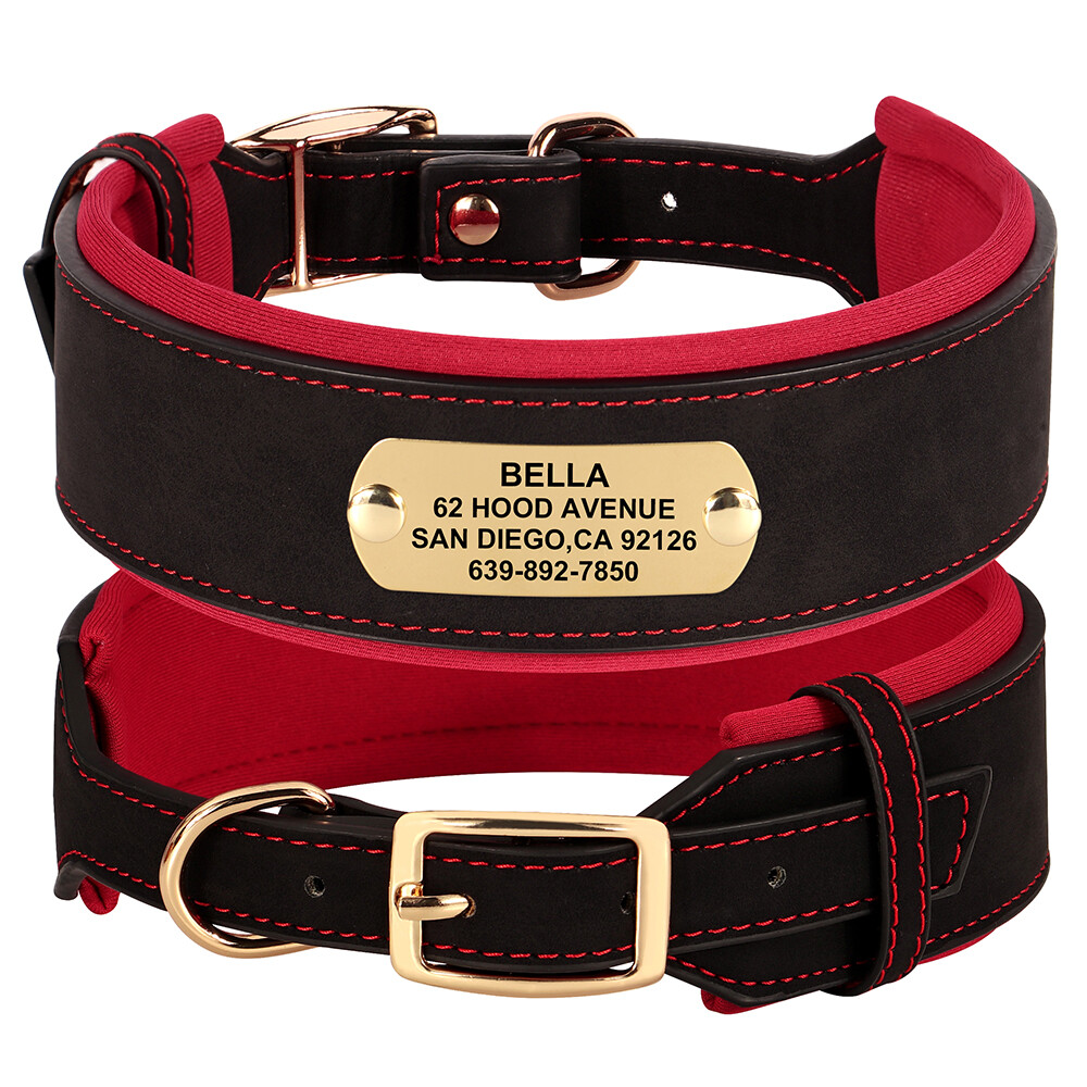 Wide Leather Dog Collar Personalized Nameplate Soft Padded for Large Dogs M-XL