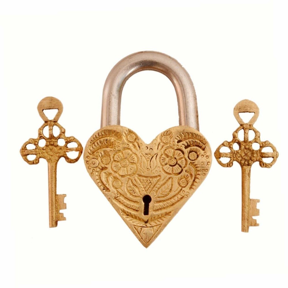 Handmade Rare Heart-Shape Padlock with 2 Skeleton Keys Fully Functional