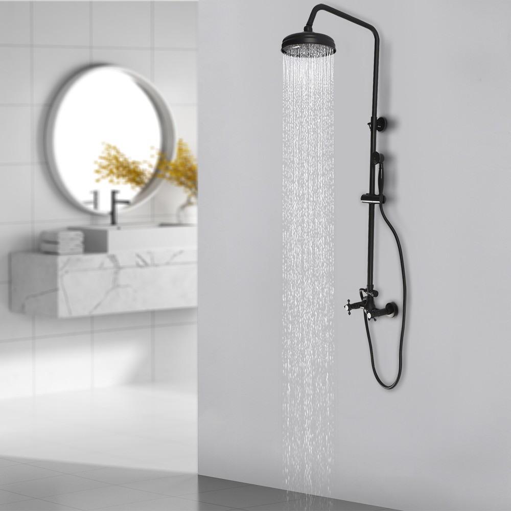 59" Wall Mount Matte Black Shower Faucet Set Hand Shower Double Knobs Unit