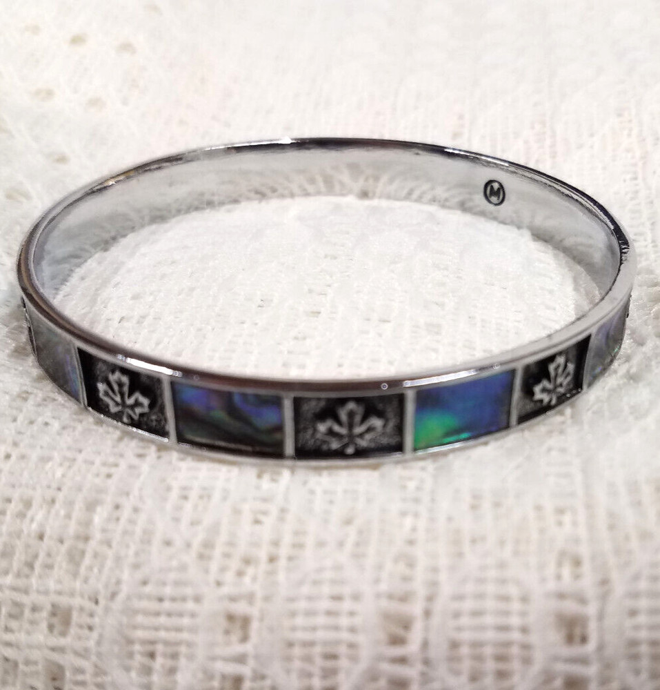Vintage Signed M Bangle Abalone Shell Inlay Silver Tone Maple Canada Leaf 2-1/2"