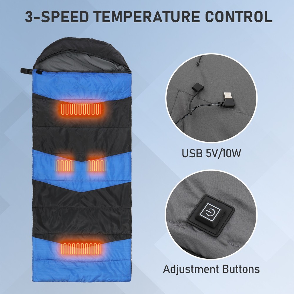 Blue Rectangular Heated Sleeping Bag,USB‑Powered HeatingPads,Waterproof,210×85cm