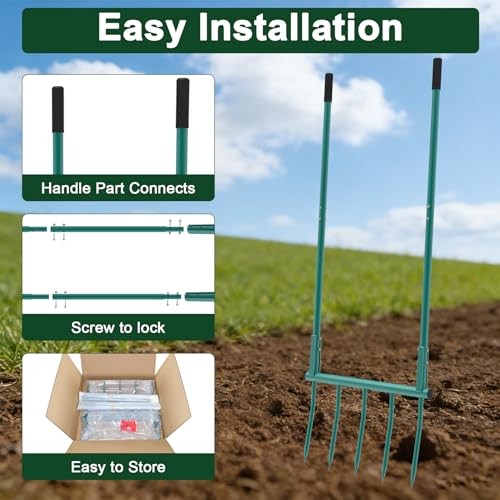 Broad Fork Garden Tool - 5 Tines Heavy Duty Broadfork for Digging, Aqua