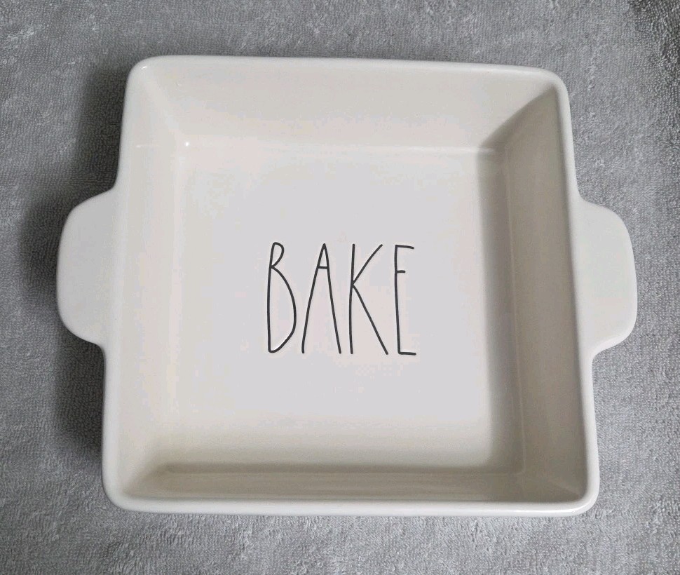 Rae Dunn "BAKE" Square Baking Dish Pan 9"x 9" with Handles EUC!