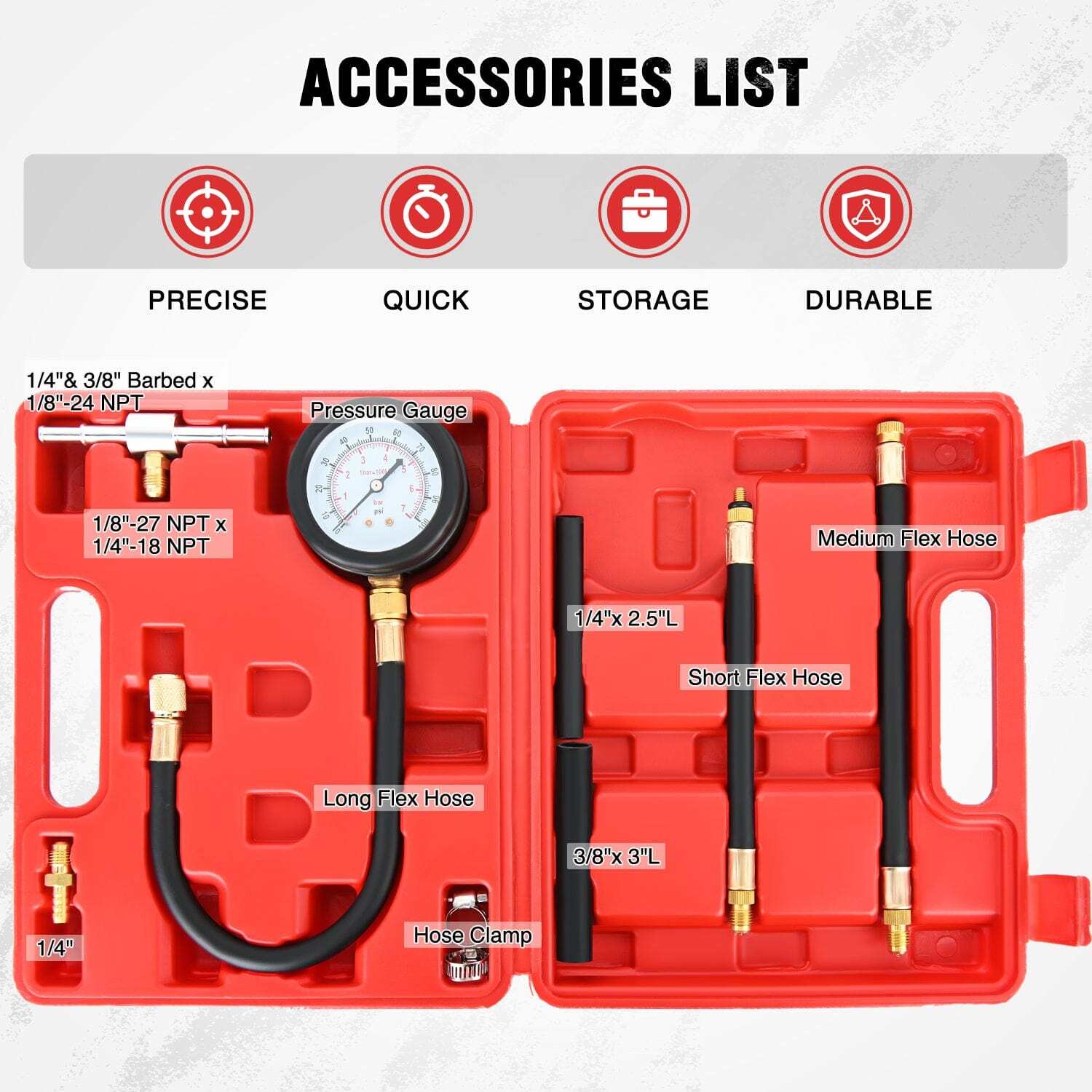 9pcs 0-100 PSI Fuel Injection Pump Pressure Gauge Petrol Engine Diagnostic