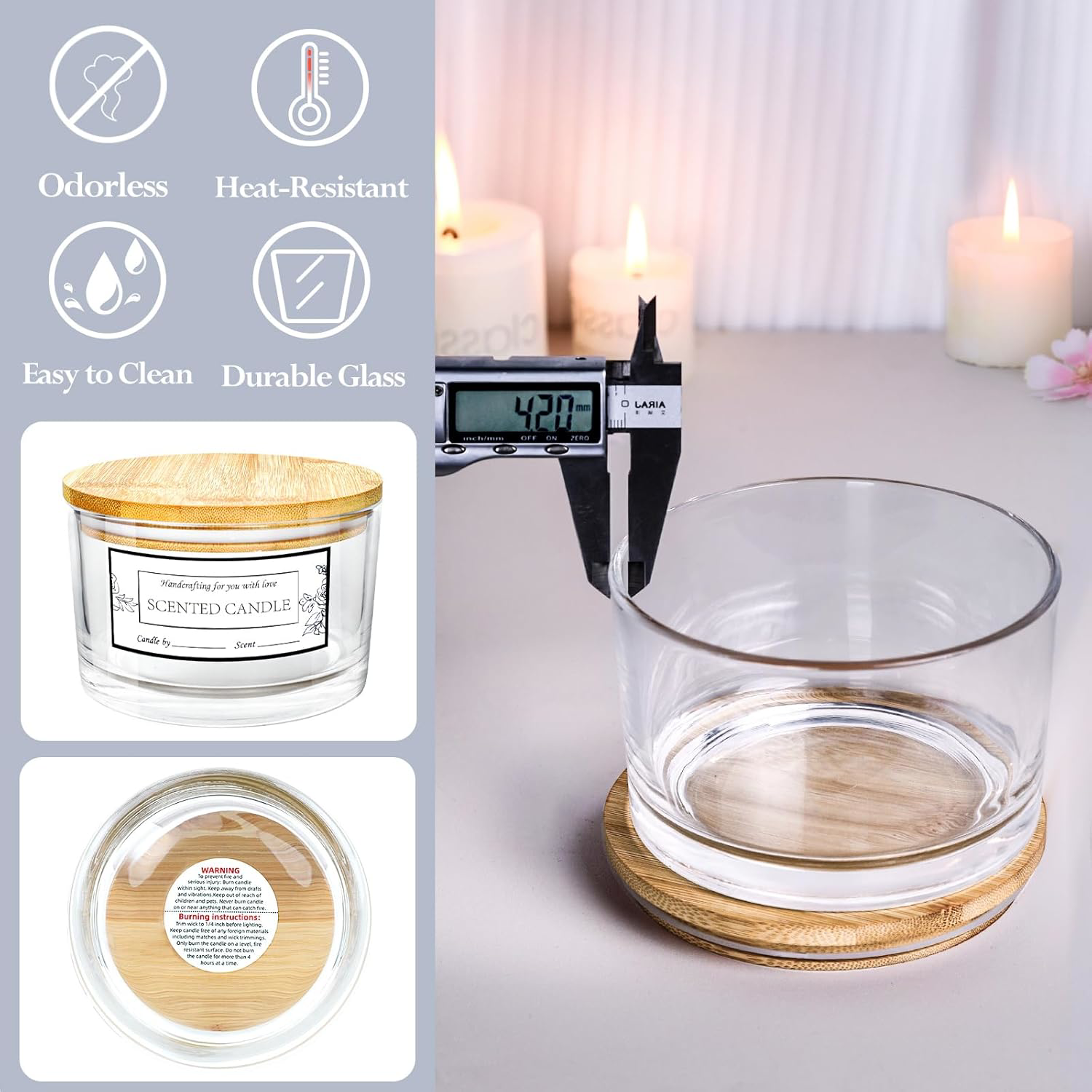 CONNOO 24oz Clear Glass Candle Jars 6 Pack, Multi-Wick Wide Mouth Empty Bulk for