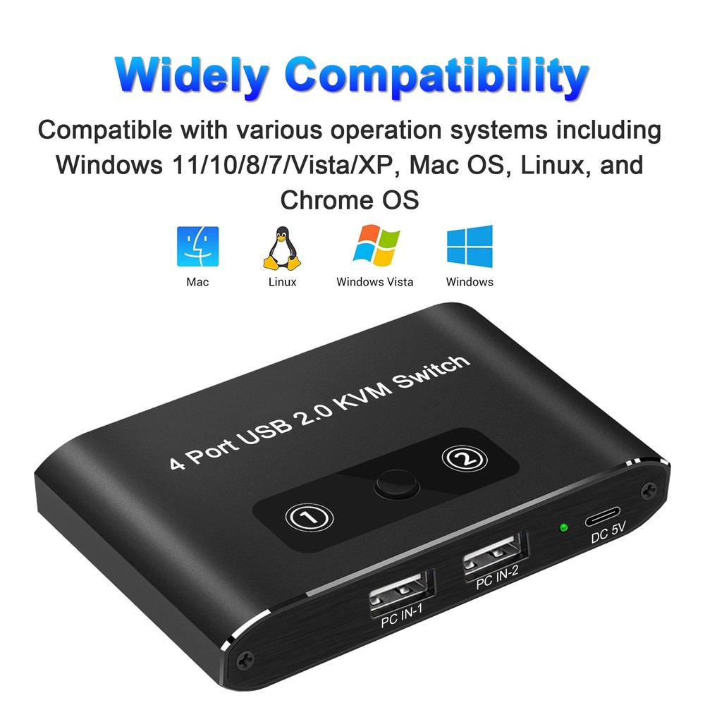 USB Switcher 2 Computers 2.0 Sharing 4 Devices KVM Box PC 2 PCS Cables