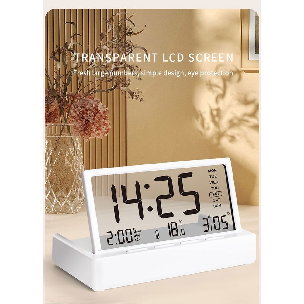 Desktop Electronic Alarm Clock with Transparent Display Temperature Date Week
