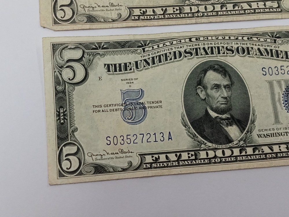 Two 1934-D $5 Silver Certificates Blue Seal, Circulated