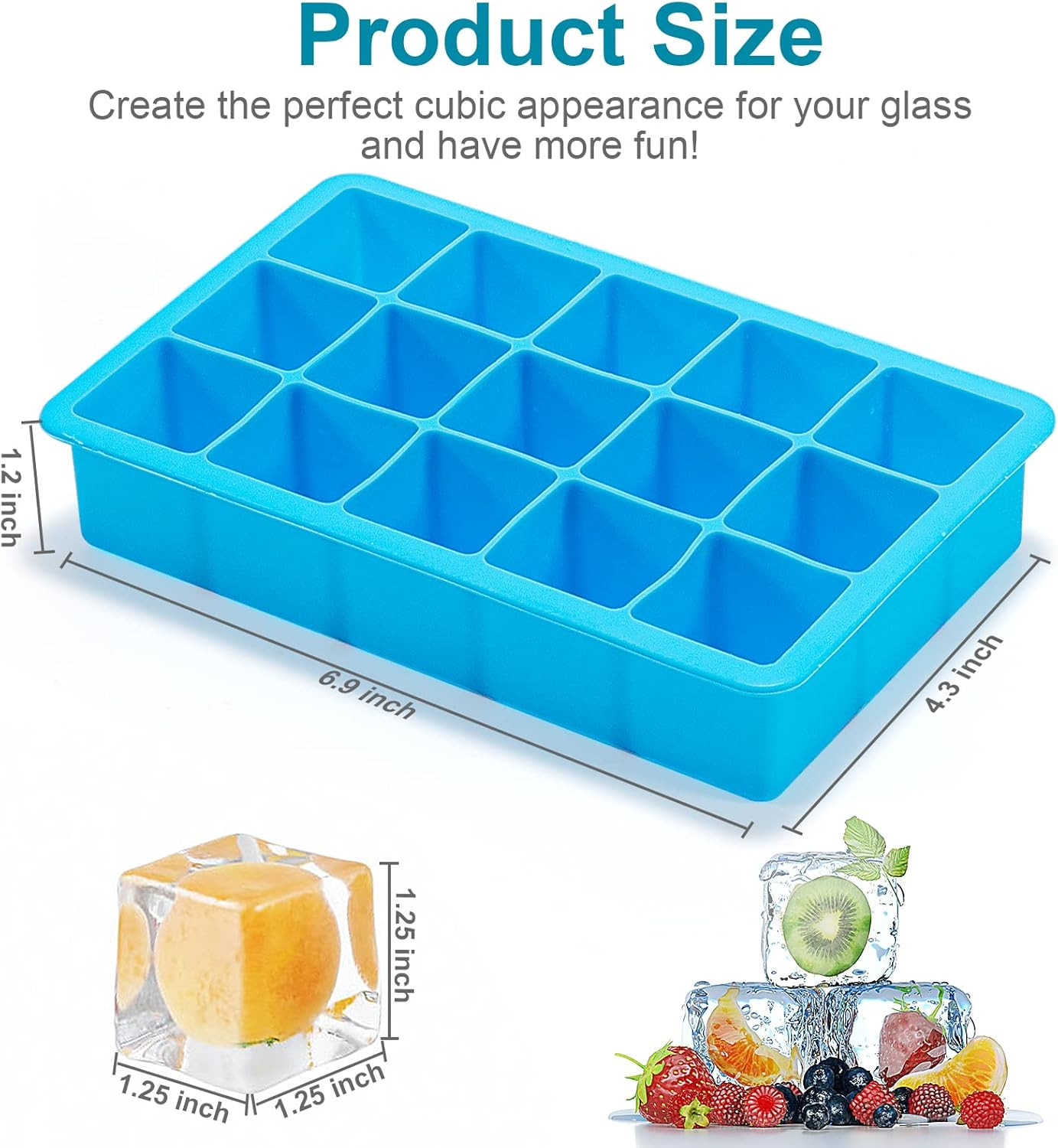 2 Pack Ice Cube Trays, Silicone Easy Release Flexible Molds 15 Ice Cubes Tray f