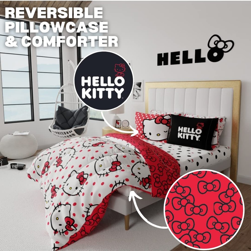 Hello Kitty 7 Piece Queen Size Bedding Set Microfiber Reversible Comforter