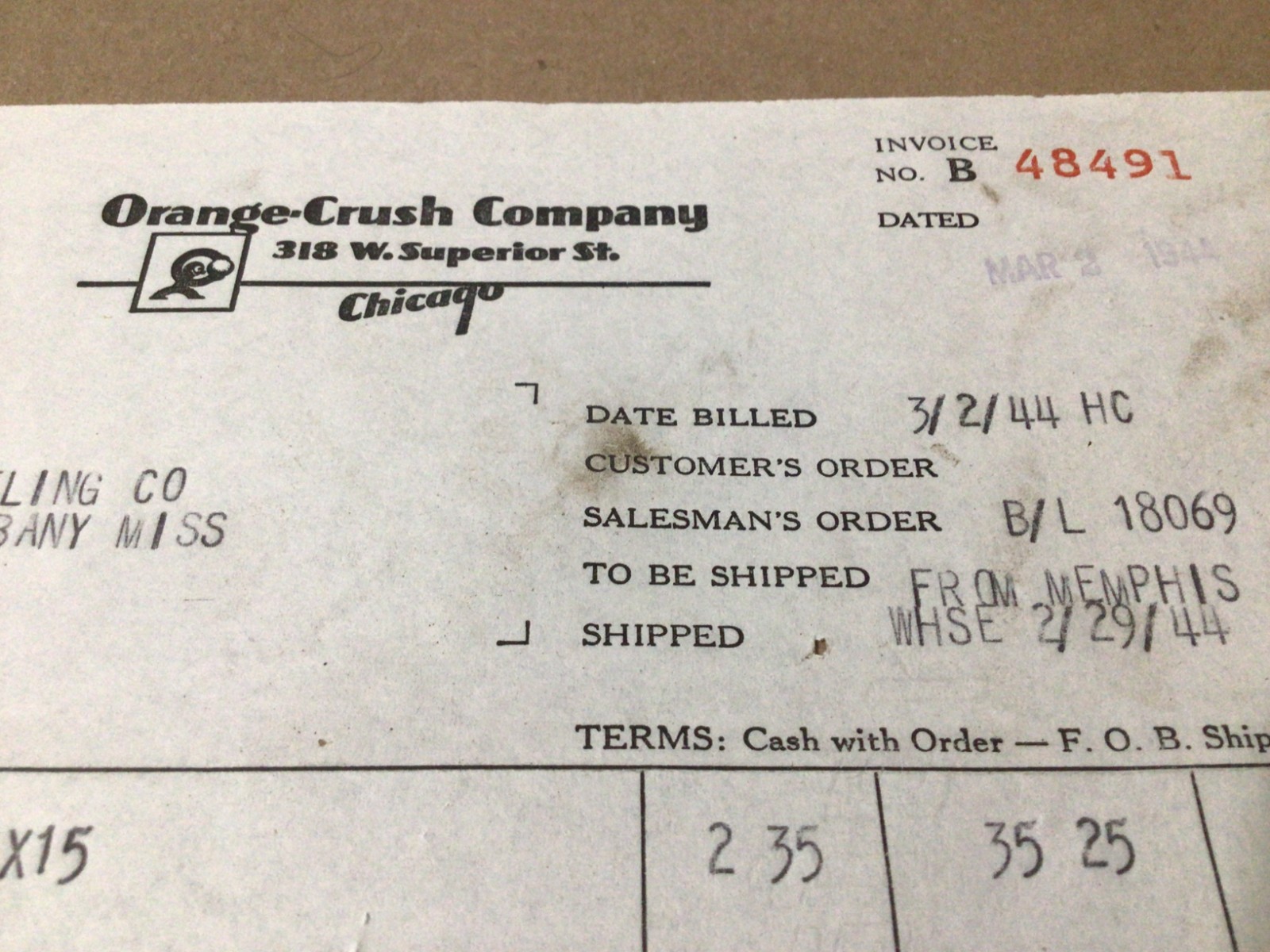 1944 Orange Crush Company Chicago Ill. Invoice Crushy Logo at Top
