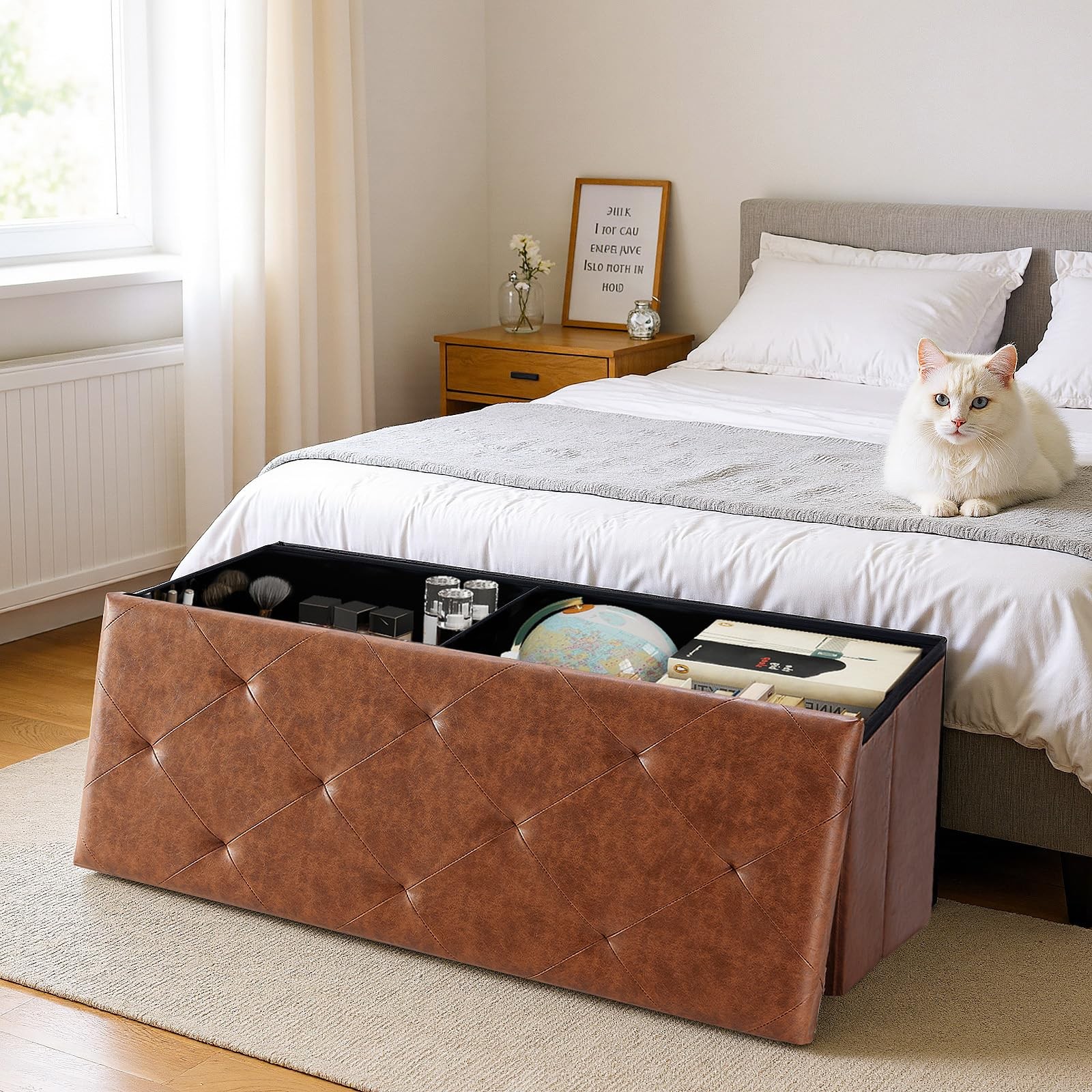 Foldable Storage Ottoman Bench 43in, Foot Rest Stool, Synthetic Leather Stora...