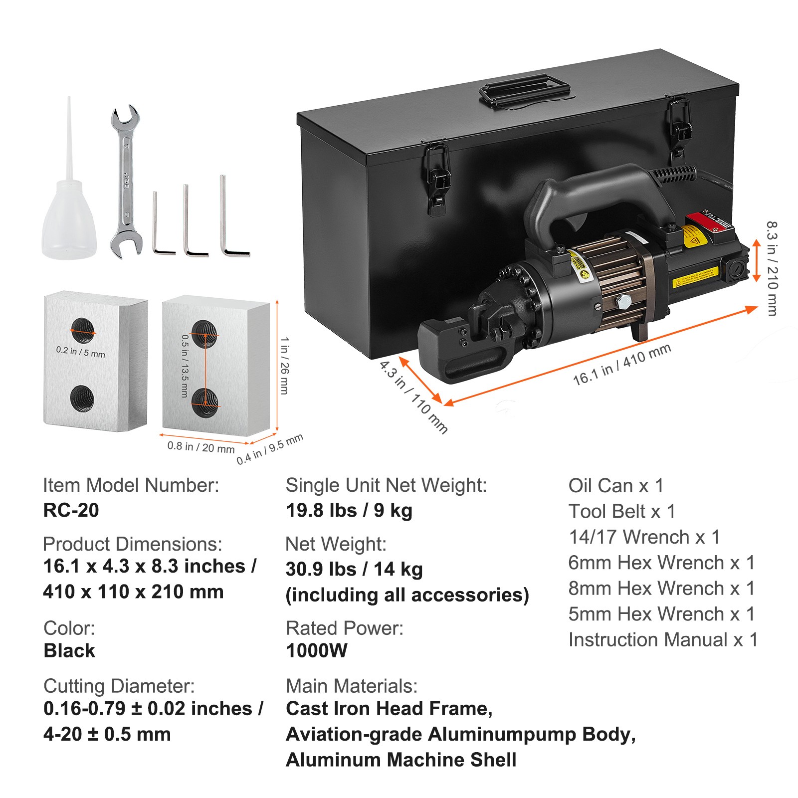 1000W Electric Hydraulic Rebar Cutter Cutting up to 3/4 Inch #6 4-20mm