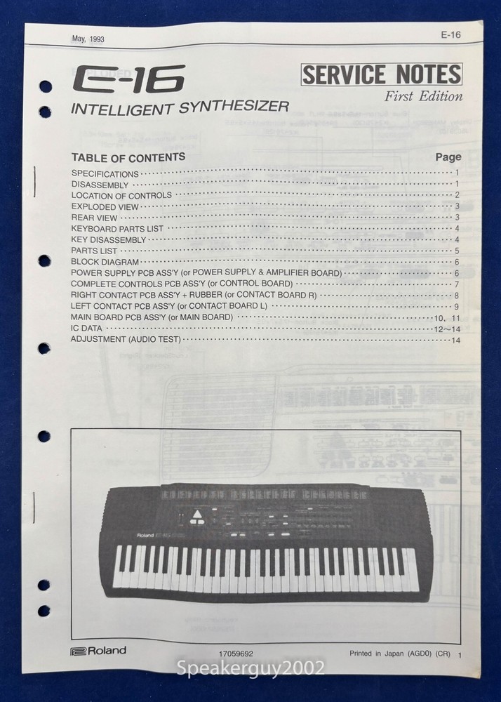 Original Roland Synthesizer Service Manual / E-16