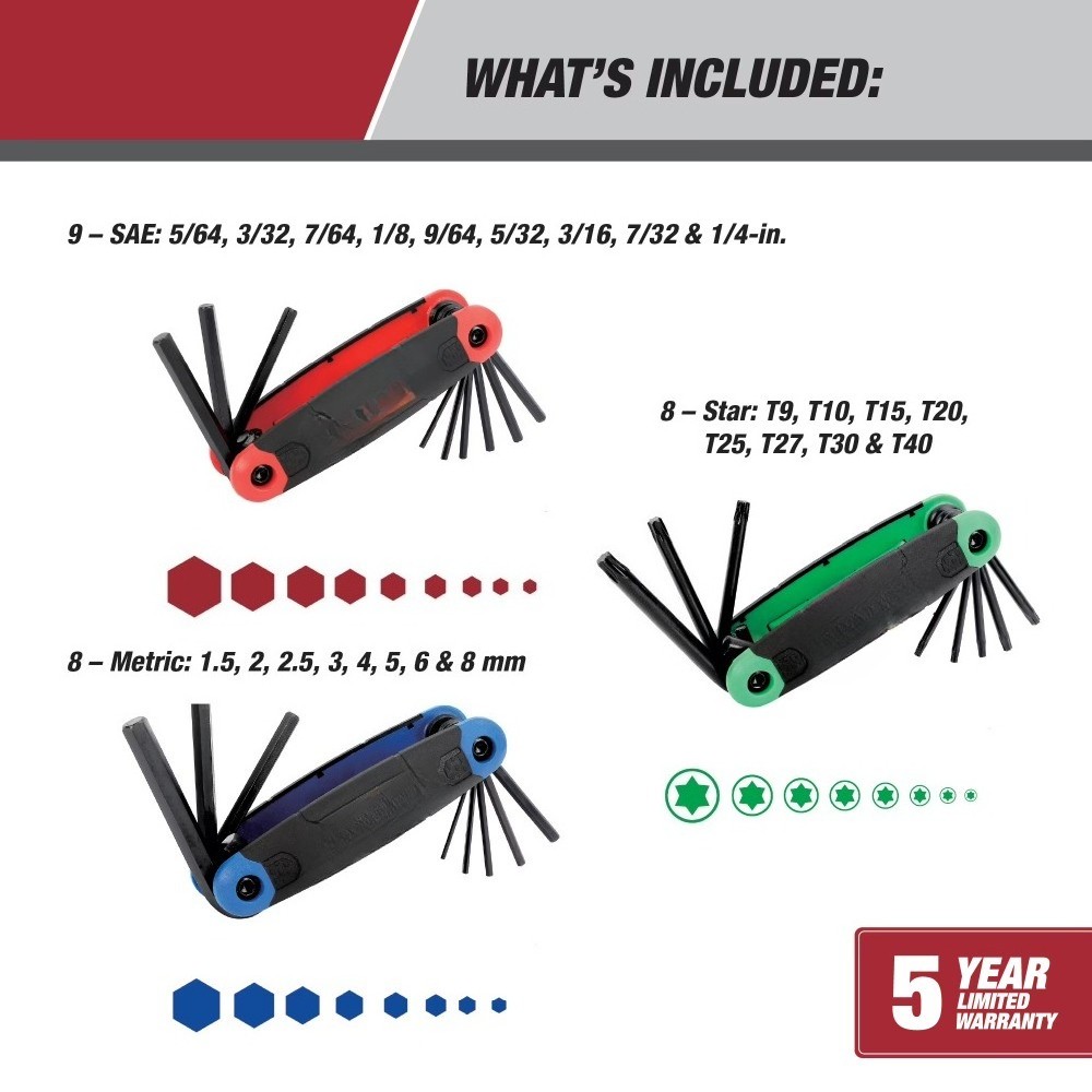 (3 pack) 3-Pack Folding Hex Key Set with SAE Metric and Star