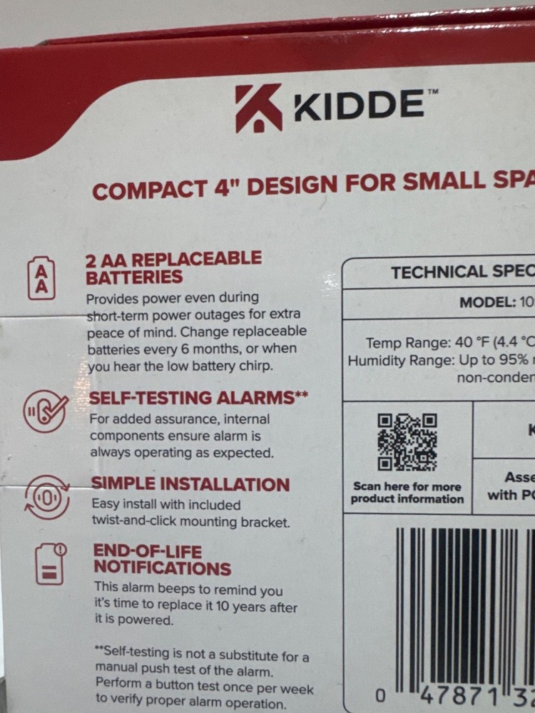 Kidde Compact Detect Smoke Alarm 2 AA Battery Powered Self Testing Twist Mount
