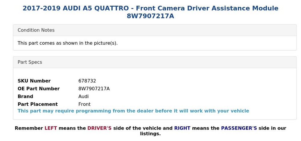 2017-2019 AUDI A5 QUATTRO - Front Camera Driver Assistance Module 8W7907217A