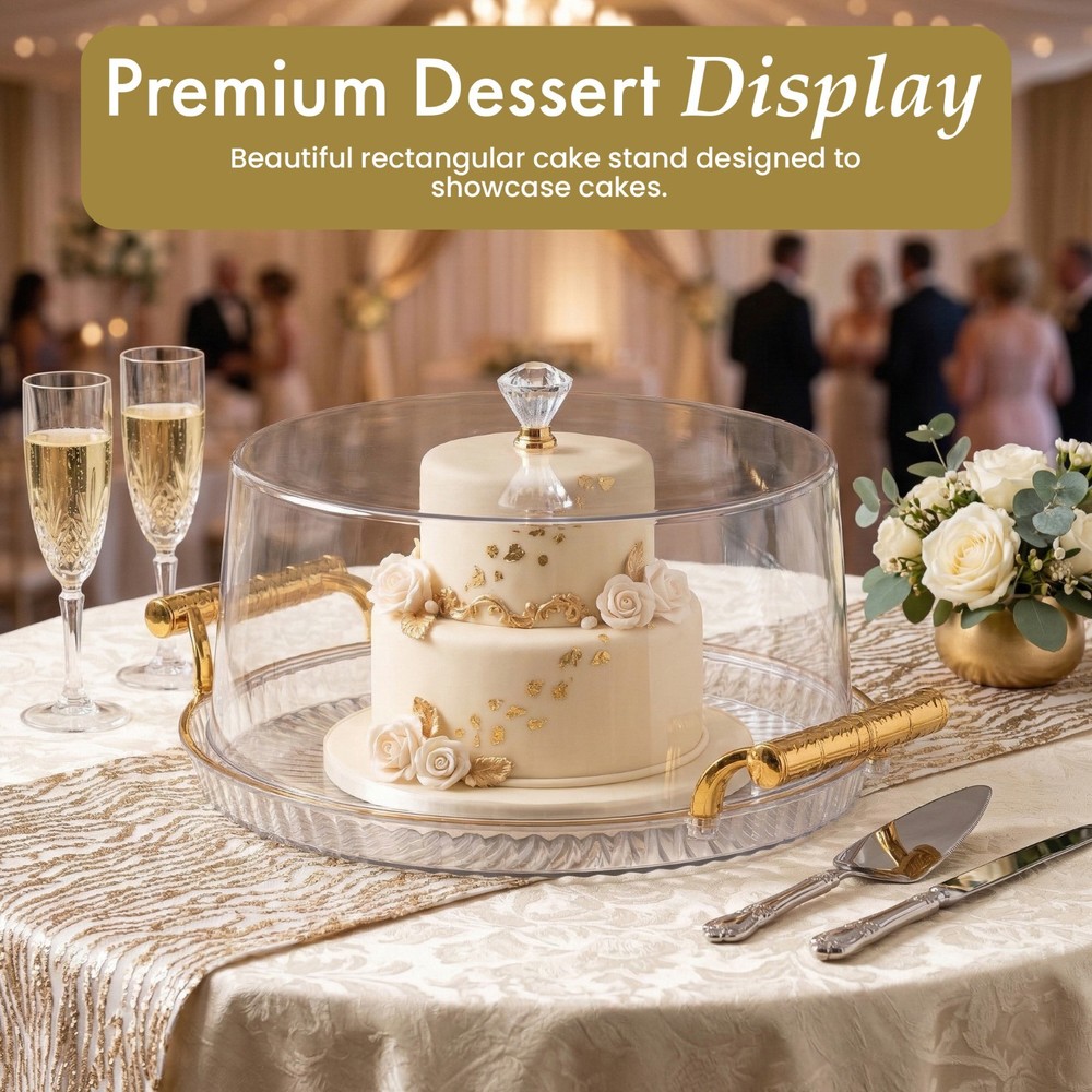 New Basicwise Plastic Cake Stand with Clear Flat-Top Cover and Gold Handles
