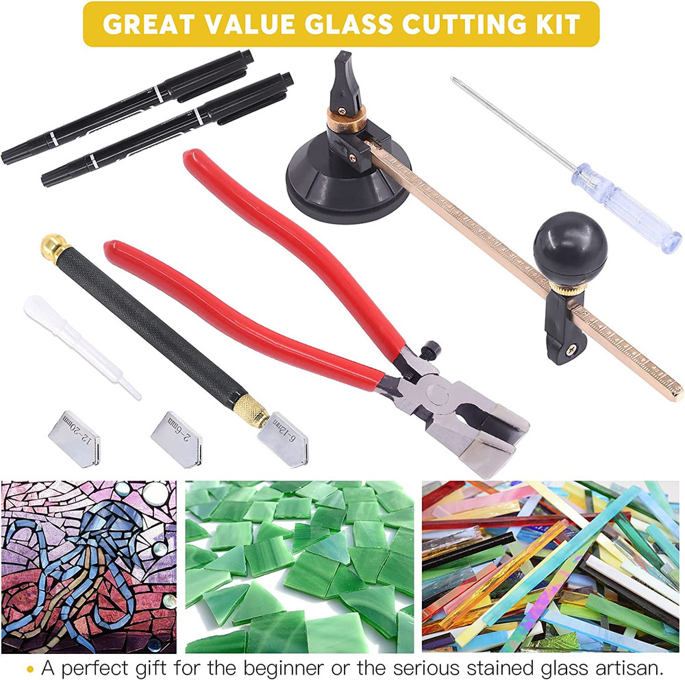 9 Pcs Glass Cutting Tool Set Kit Includes Adjustable Circular Glass Cutter, Glas