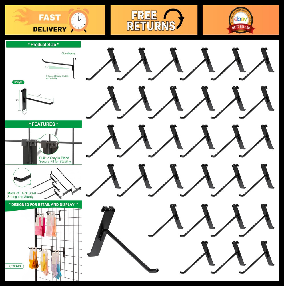 6 Inch Gridwall Hooks - 40 Pack Black Hanging Hooks for Retail, Home & Workspace
